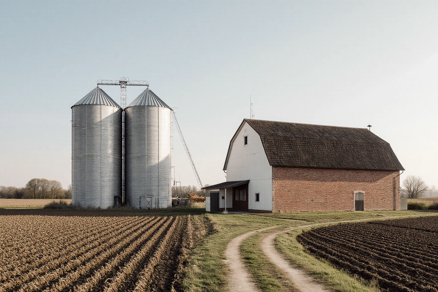 Farm buildings and grain silos beside cultivated fields