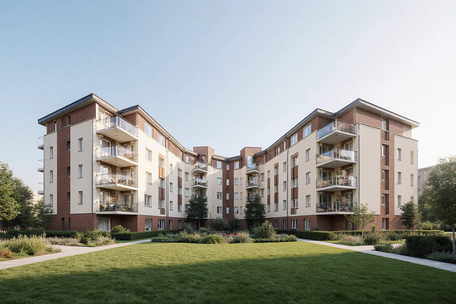 Apartment buildings with pale plaster and brick facades beside landscaped paths