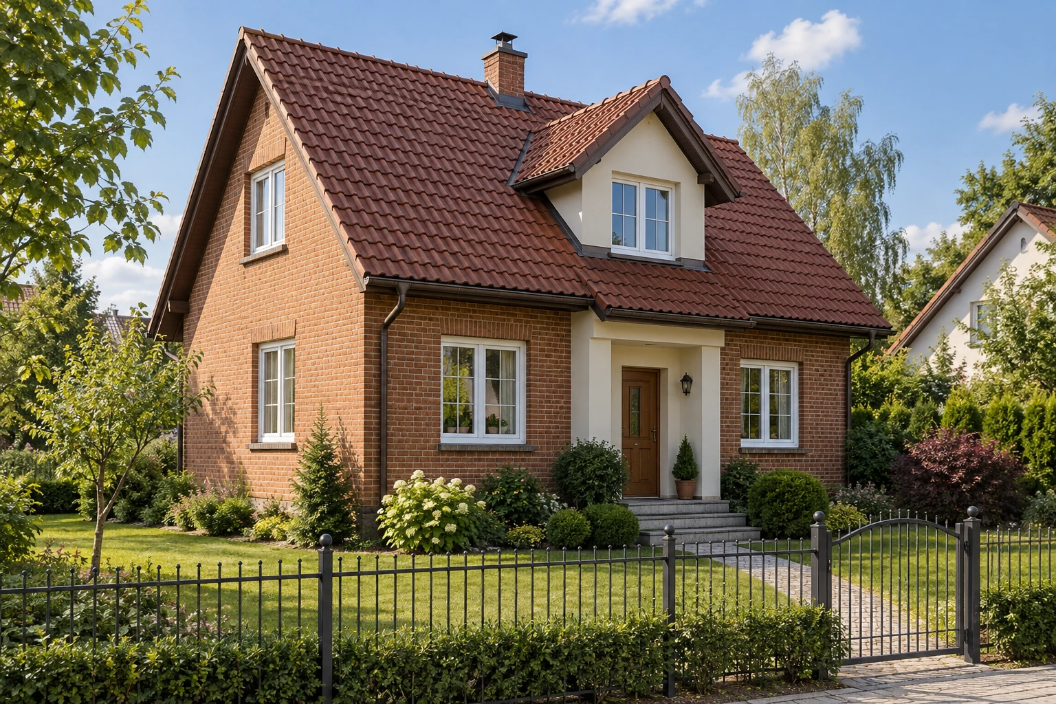 Detached brick house with a pitched tiled roof and garden